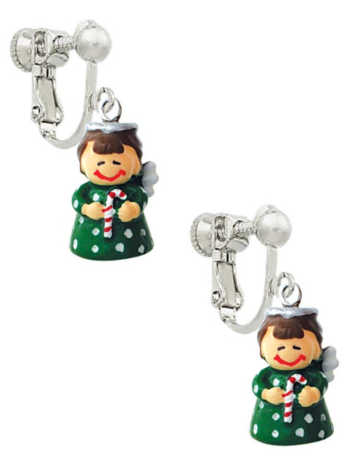 Resin Green Angel Holding Candy Cane Clip On Earrings