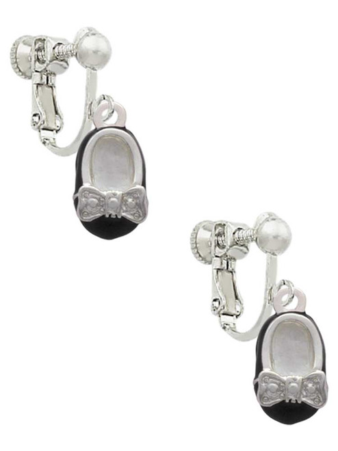 Black Enamel Baby Shoe with Bow Clip On Earrings