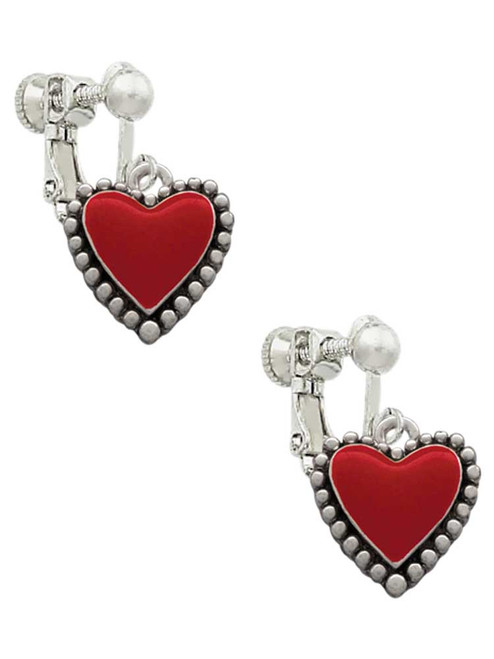Red Enamel Heart with Beaded Border Clip On Earrings