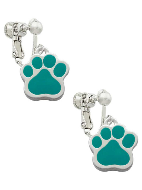Large Teal Paw Clip On Earrings