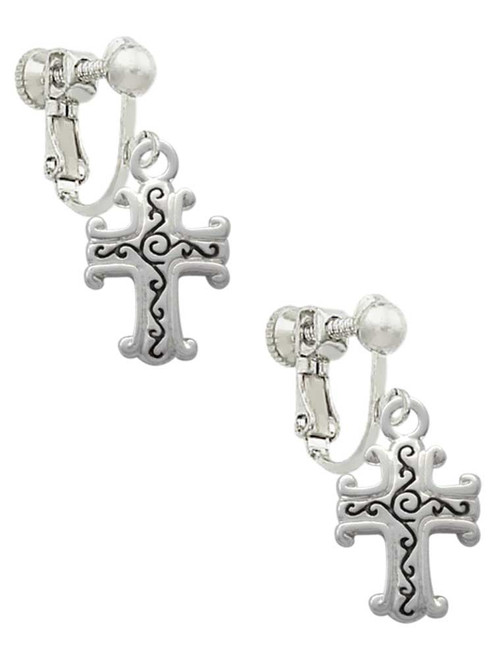 Scroll Cross with Antiqued Decoration Clip On Earrings