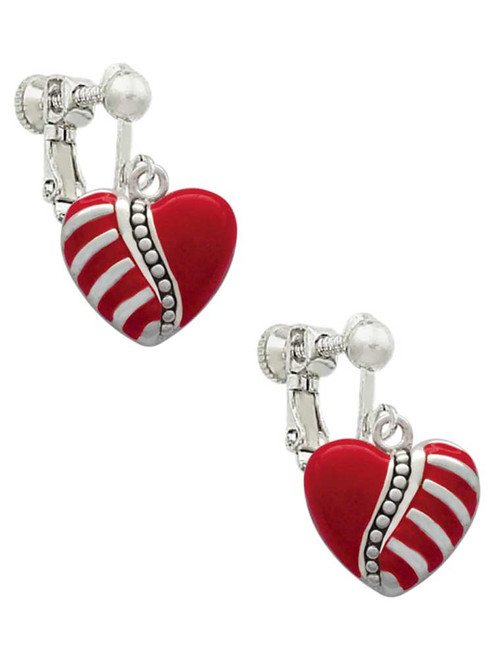 Striped Red Enamel Heart with Beaded Decoration Clip On Earrings