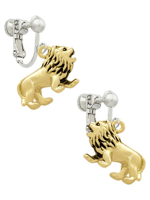 Gold Tone 3-D Lion Clip On Earrings