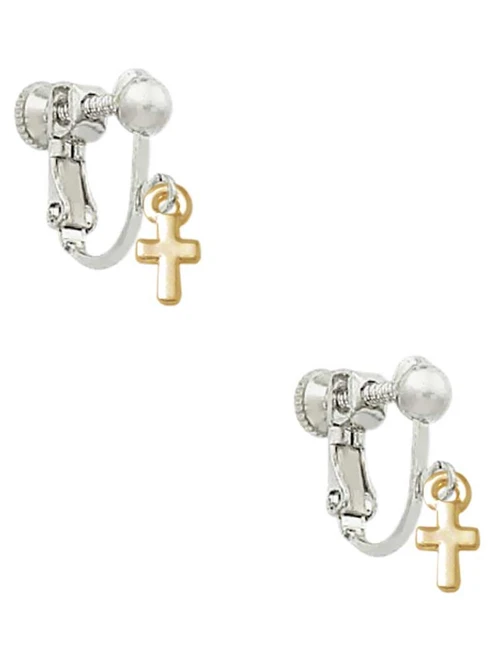 Gold Tone Super Mini Simple Cross Clip On Earrings