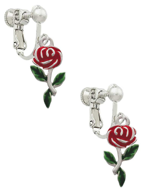 Red Rose Flower Clip On Earrings