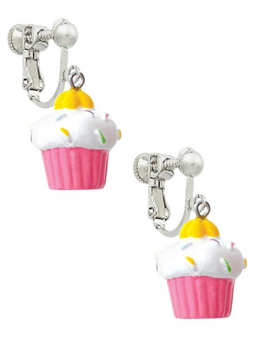 Resin Pink Cupcake with White Frosting Clip On Earrings