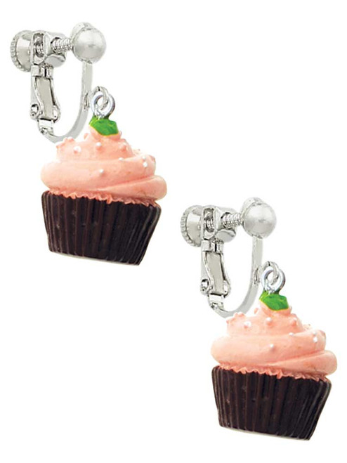 Resin Chocolate Cupcake with Pink Frosting Clip On Earrings