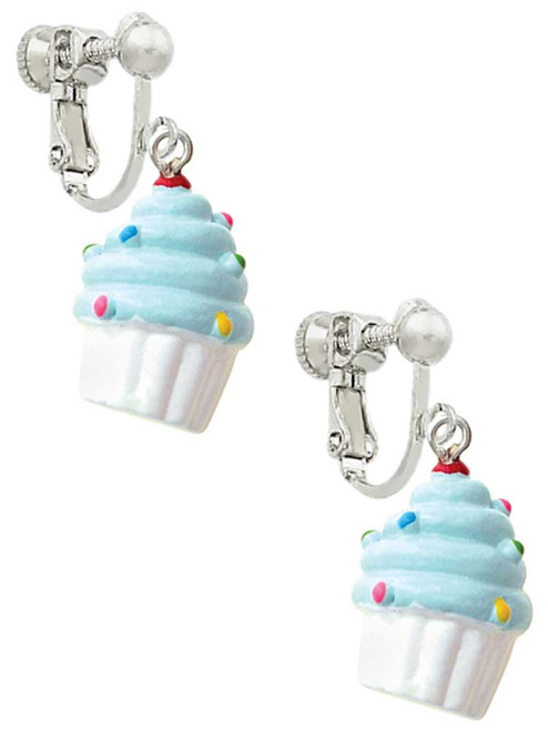 Resin White Cupcake with Blue Frosting Clip On Earrings