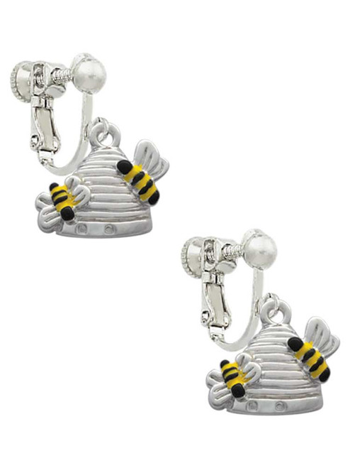 Beehive with 2 Bumble Bees Clip On Earrings
