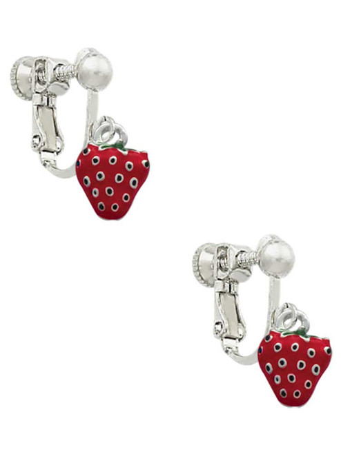 Mini Red Enamel Strawberry Clip On Earrings