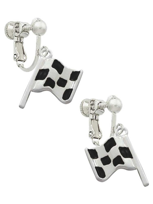 Checkered Race Flag Clip On Earrings
