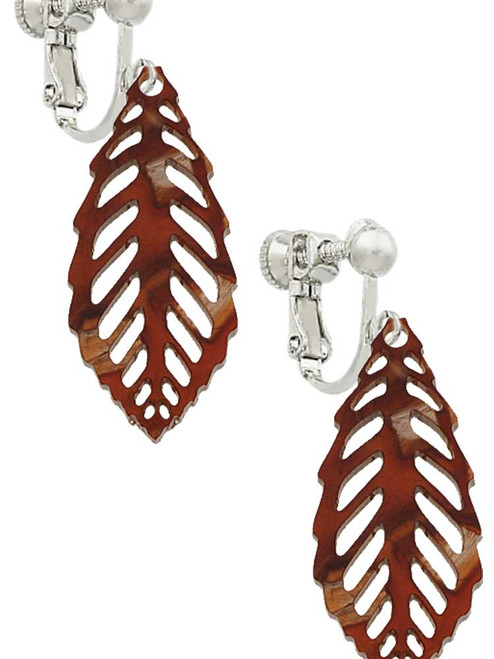 Acrylic Medium Leaf Pearly Brown Clip On Earrings