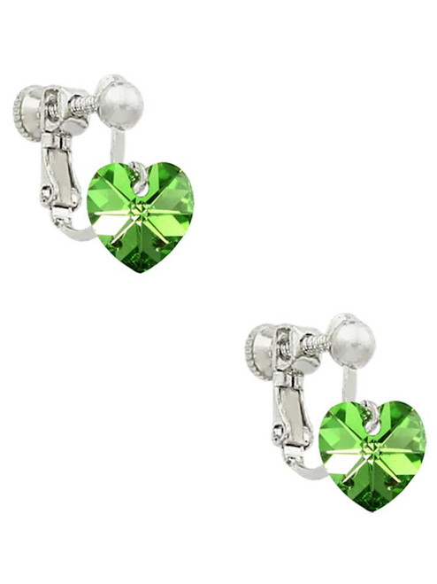 Lime Green Crystal Heart Clip On Earrings