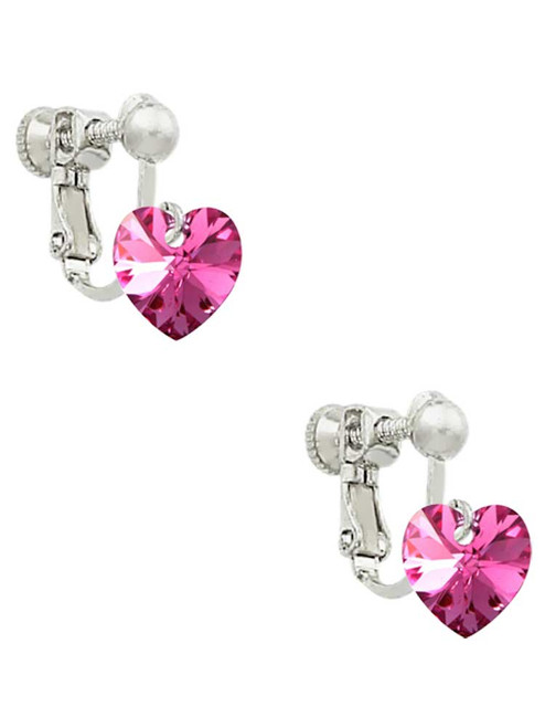 Hot Pink Crystal Heart Clip On Earrings