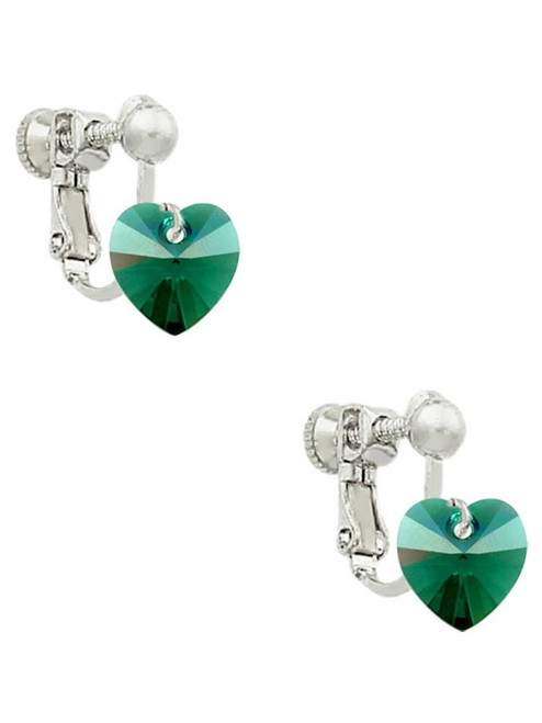 Green Crystal Heart Clip On Earrings