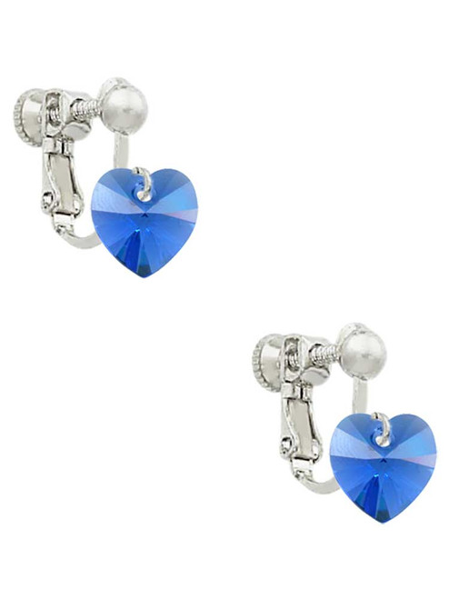 Blue Crystal Heart Clip On Earrings