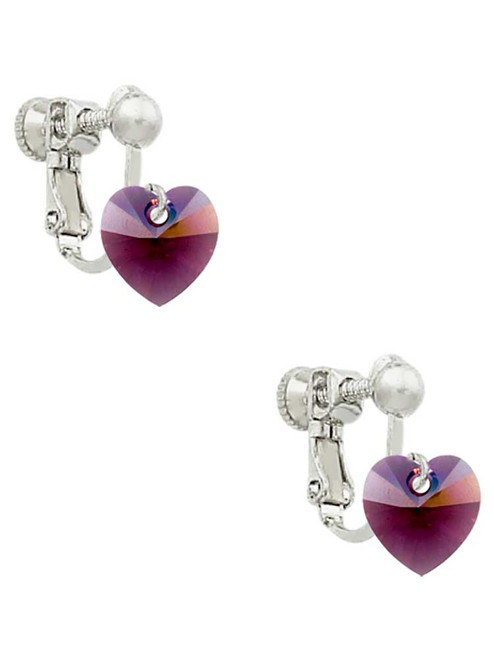 Purple Crystal Heart Clip On Earrings