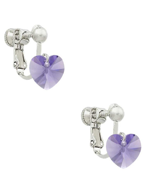 Hot Purple Crystal Heart Clip On Earrings