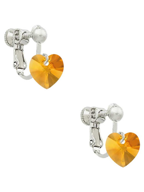 Yellow Crystal Heart Clip On Earrings