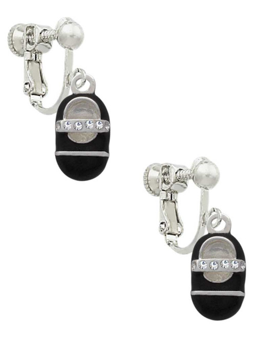 Black Baby Shoe with Crystal Strap Clip On Earrings