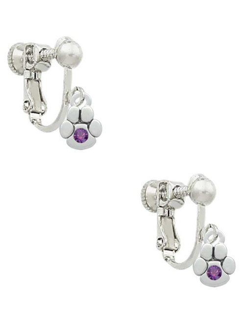 Mini Paw with Purple Crystal Clip On Earrings