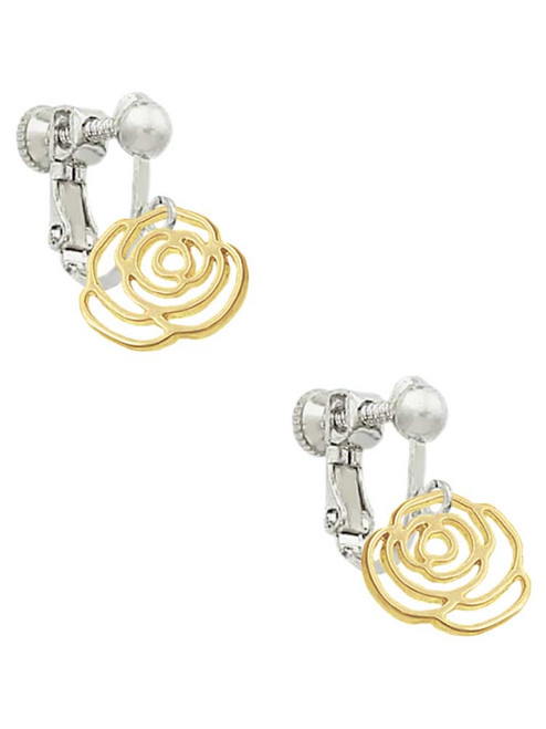 Small Gold Tone Rose Outline Clip On Earrings
