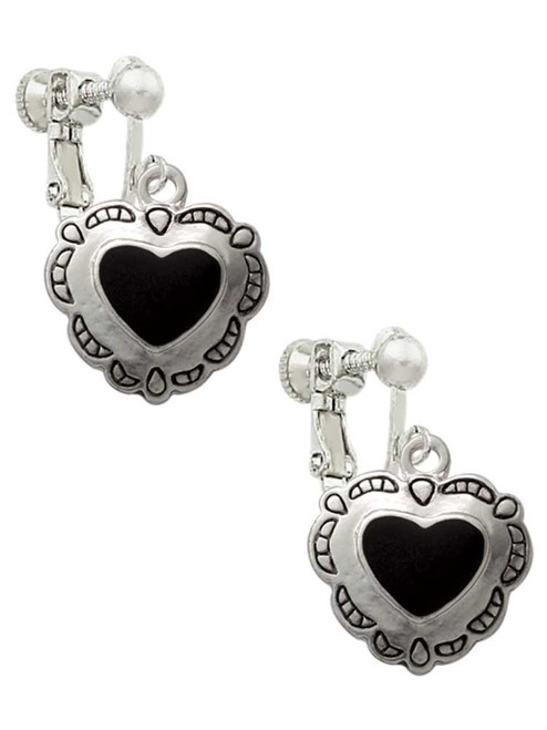 Black Concho Heart Clip On Earrings