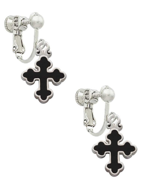 Small Black Enamel Botonee Cross Clip On Earrings