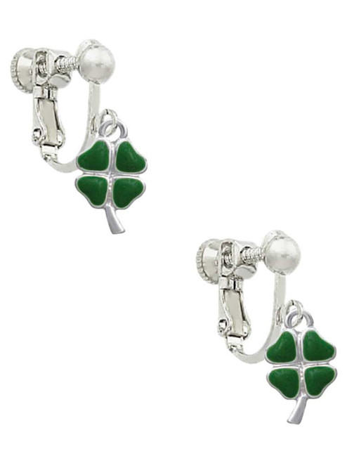 Mini Green Heart Four Leaf Clovers Clip On Earrings