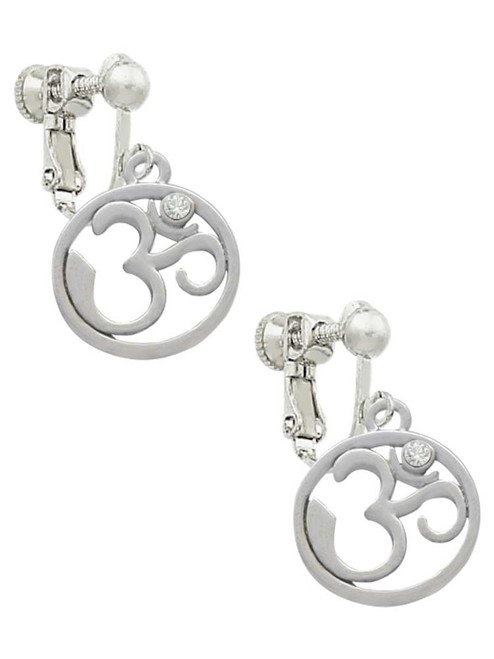 Om in Circle with Clear Crystal Clip On Earrings