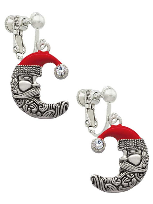 Large Crescent Moon Santa Face Clip On Earrings