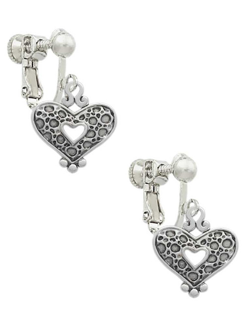 Antiqued Reptile Print Open Heart Clip On Earrings