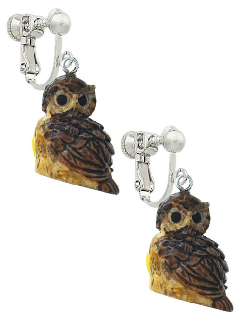 Resin Sitting Owl Clip On Earrings