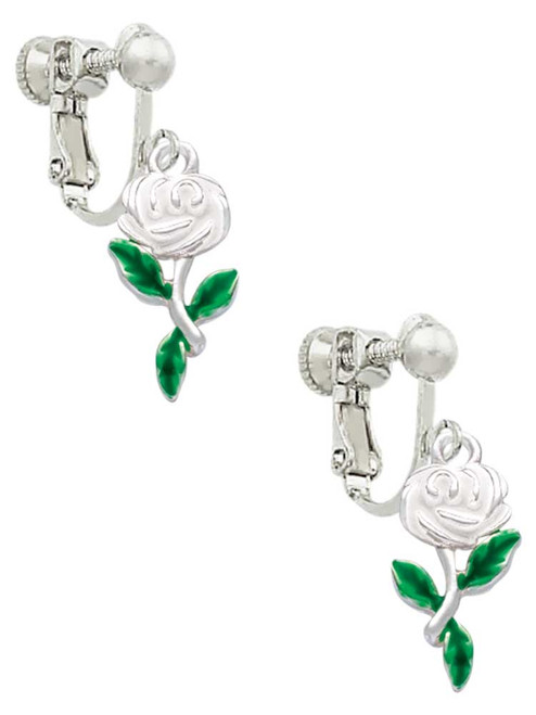 White Rose Flower Clip On Earrings