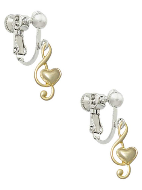 Medium Gold Tone Clef with Heart Clip On Earrings