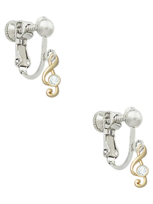 Mini Gold Tone Clef with Crystal Clip On Earrings