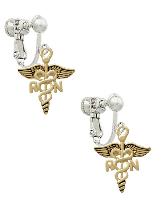 Gold Tone Registered Nurse Caduceus Clip On Earrings