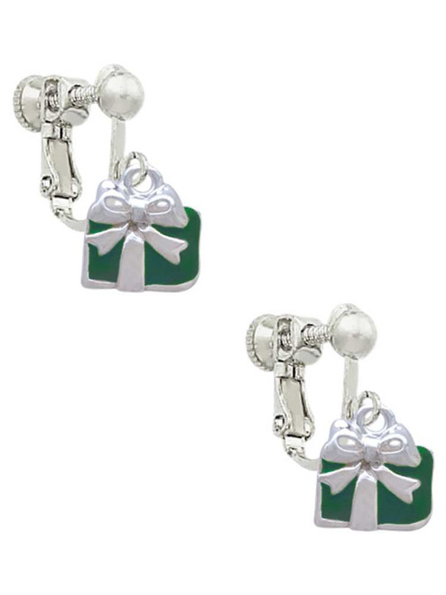 Small Green Enamel Present Clip On Earrings