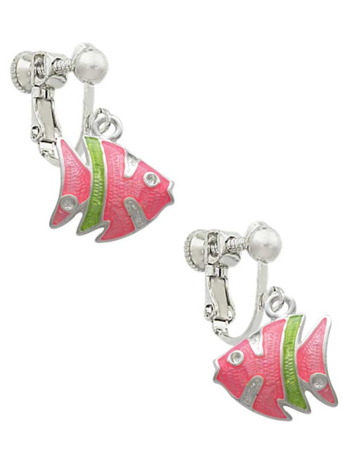 Hot Pink Tropical Fish with Lime Green Stripe Clip On Earrings