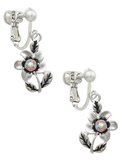 Flower with AB Crystal Clip On Earrings
