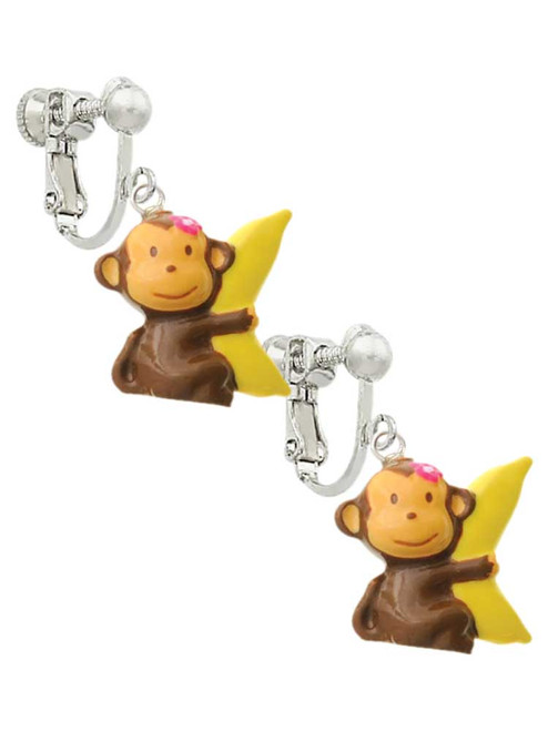 Resin Monkey Hugging a Banana Clip On Earrings