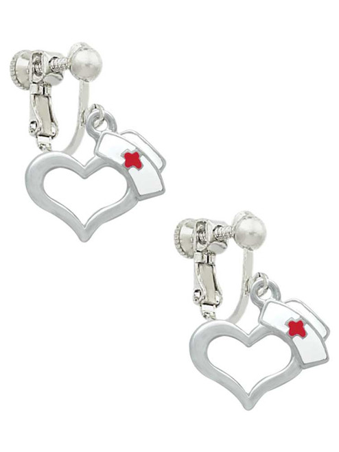 Open Heart with Nurse Hat Clip On Earrings