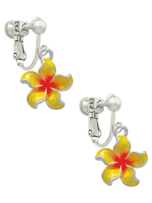 Yellow and Orange Plumeria Flower Clip On Earrings