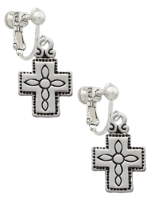 Large Southwestern Antiqued Cross Clip On Earrings