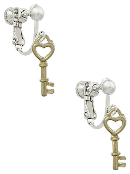 Open Gold Tone Heart Key Clip On Earrings