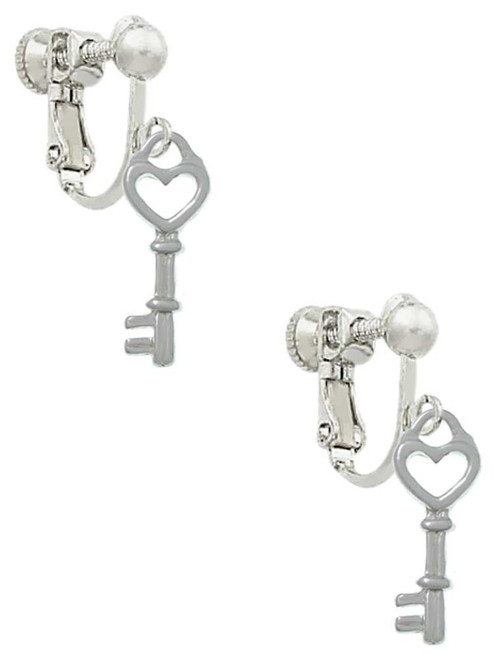 Open Heart Key Clip On Earrings