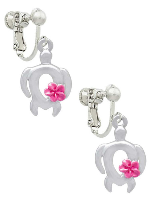Open Sea Turtle with Hot Pink Plumeria Clip On Earrings