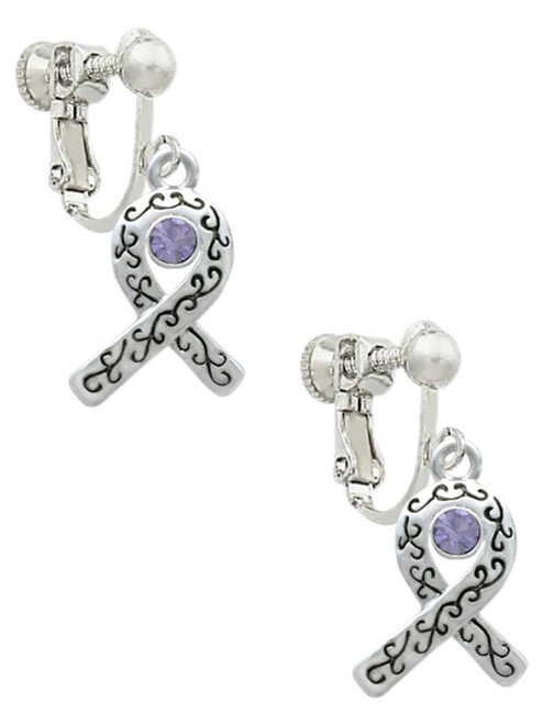 Scroll Ribbon with Lavender Crystal Clip On Earrings