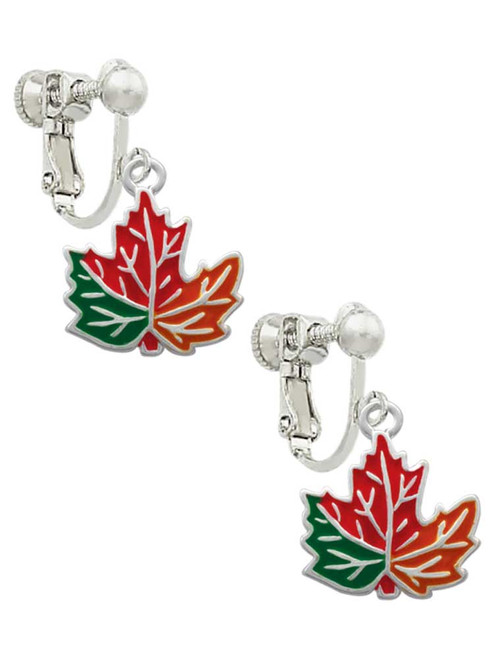 Large Orange Fall Leaf Clip On Earrings