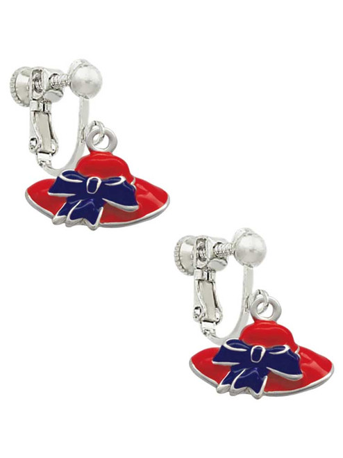Red Hat With Purple Bow Clip On Earrings